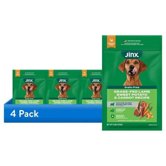 (4 pack) Jinx Lamb, Sweet Potato, & Carrot Dry Dog Food, Grain Free, 4 lb Bag