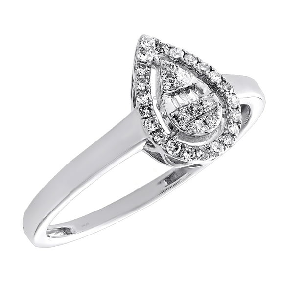 10K White Gold Round & Baguette Diamond Halo Teardrop Engagement Ring 1/6 CT.