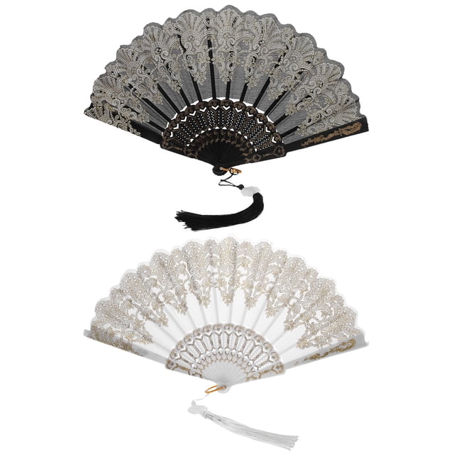 2 elegantes abanicos de mano plegables bordados con delicado patrón.