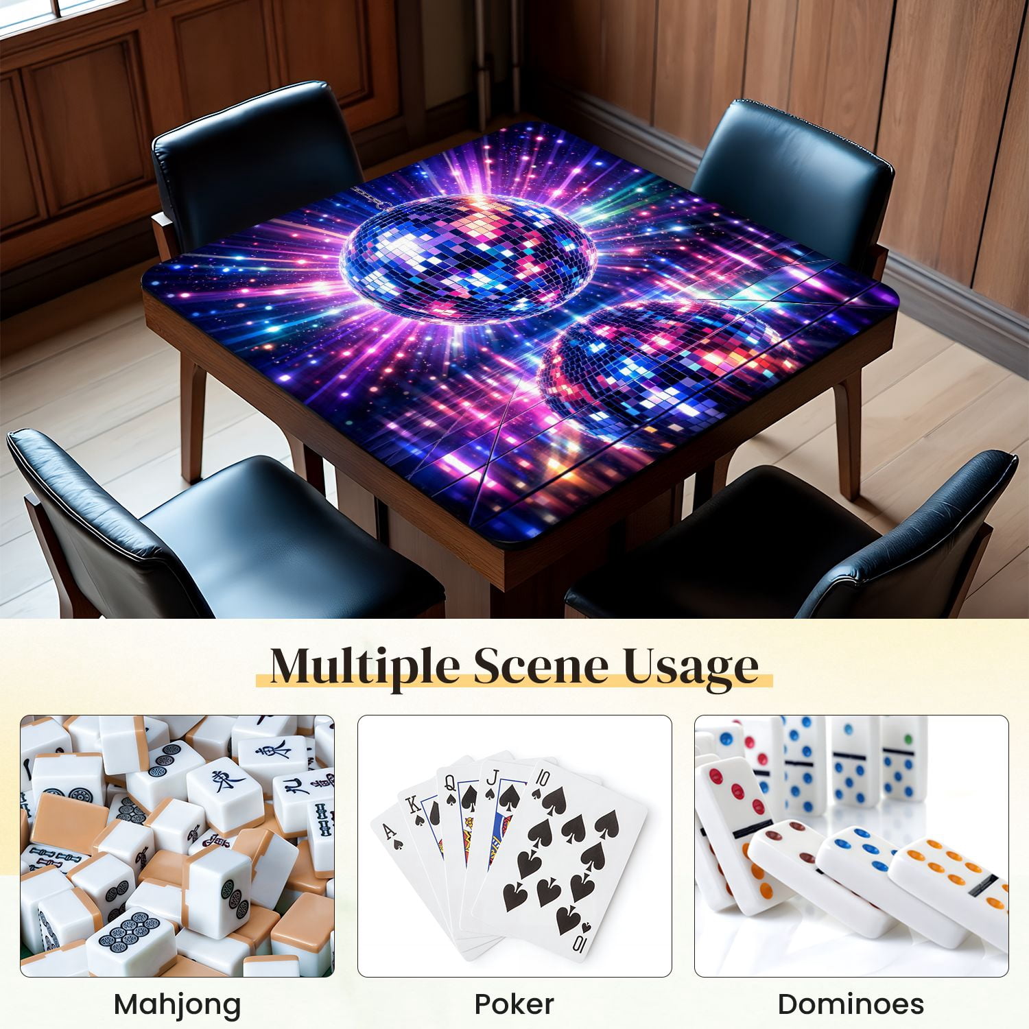 Mahjong Mat 31.5" x 31.5" Disco Ball Colorful Lights Reflections Non-Slip Noise Reduction Mahjong Tiles Table Cover for Dominoes Poker Card Board and Tile Games