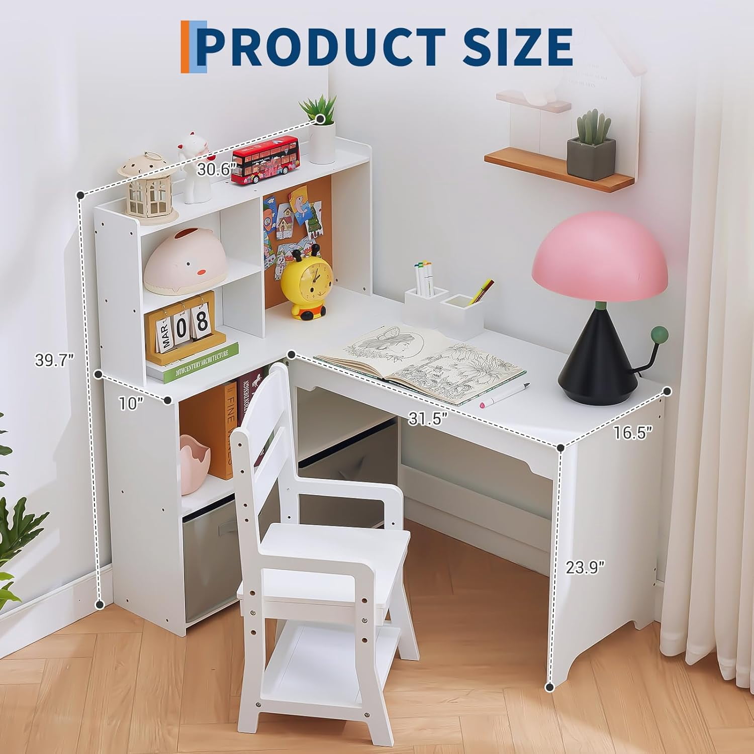 Kids Corner Desk and Chair Set L Shape Children Study Table with  Open Shelves Hutch for Home School Use