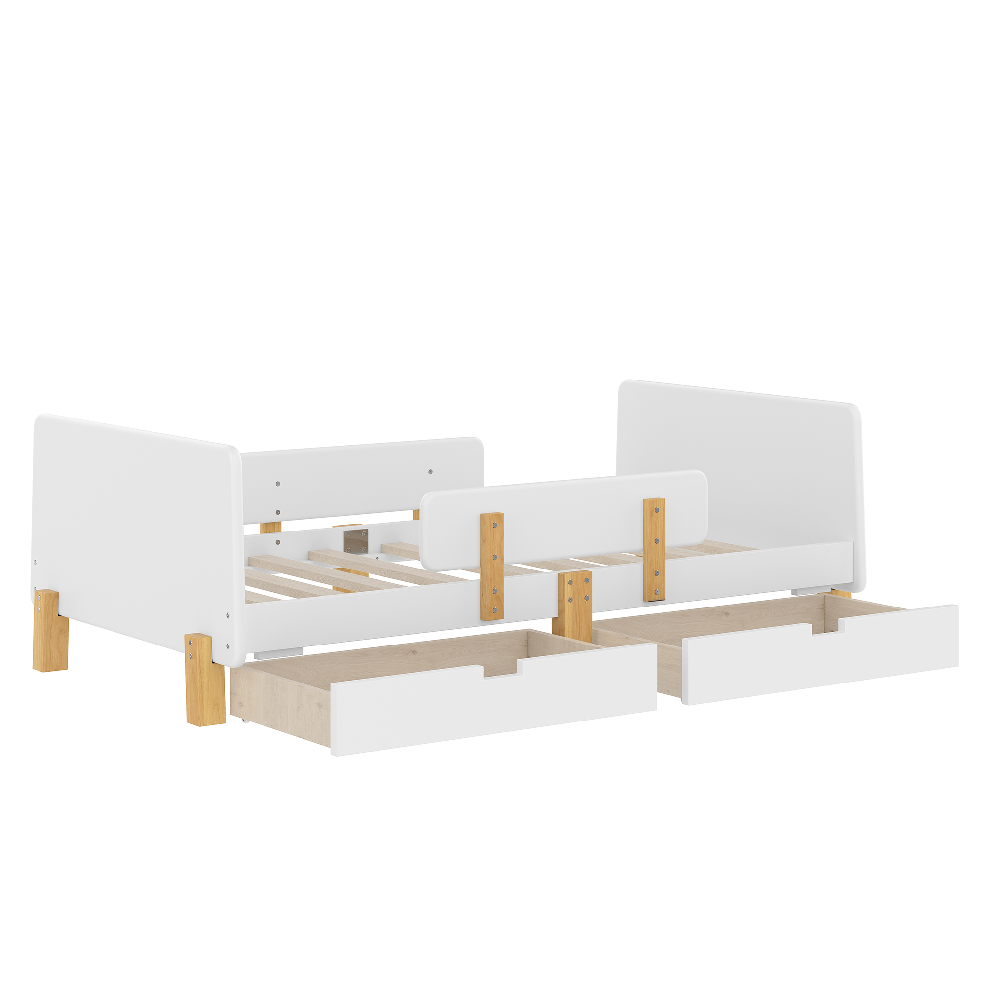 Miniyam Twin Bed with Storage Drawers, Guardrails, Footboard Shelf & Side Hooks for Kid, White
