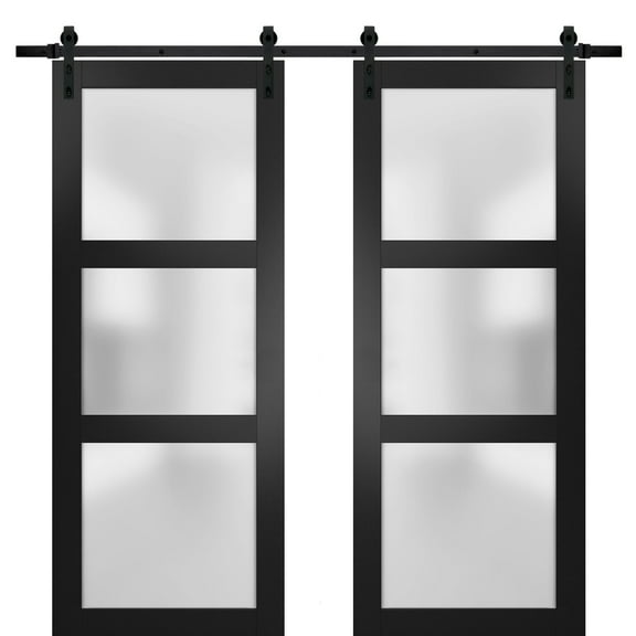 Sturdy Double Barn Door 60 x 80 inches with Frosted Glass | Lucia 2552 Matte Black | Top Mount 13FT Rail Hangers Heavy Set | Solid Panel Interior Doors