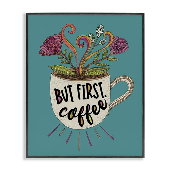 Stupell Industries First Coffee with Florals Botanical & Floral Painting Black Framed Art Print Wall Art, 11 x 14