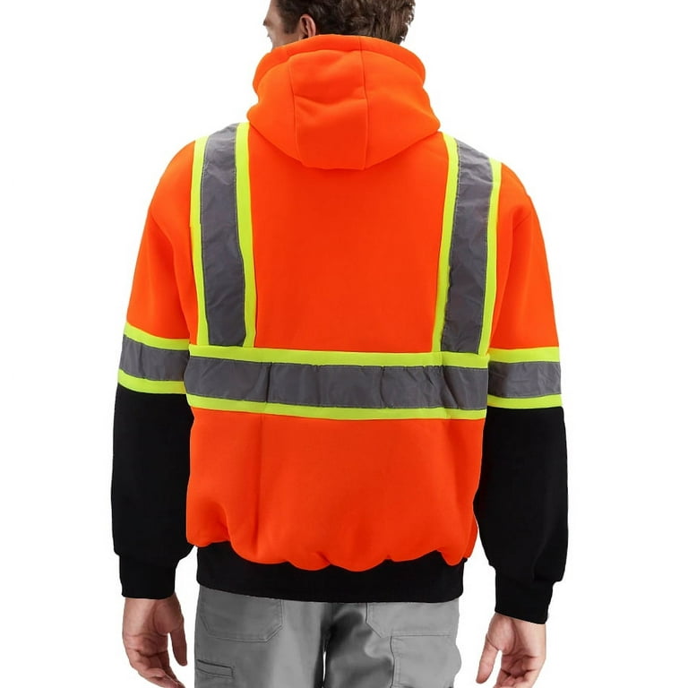 Men s Neon High Visibility Reflective Strip Zipper Fleece Hoodie Sweatshirt Orange M