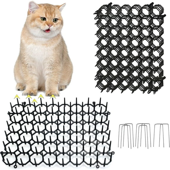 Cat Scat Mat 8 x 6 Inch Cat Repellent Mat with Spikes 12 Pack, Keeps Cats Out of Potted Plants with 8 U-Shaped Pegs, Outdoor & Indoor Small Animal Fence Barrier