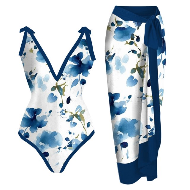 Gibobby Trajes de Natación para Mujer Traje de baño para mujer con bikini Maxi Wrap Dress Traje de baño con estampado floral Conjunto de traje de baño de(Azul claro,XL)