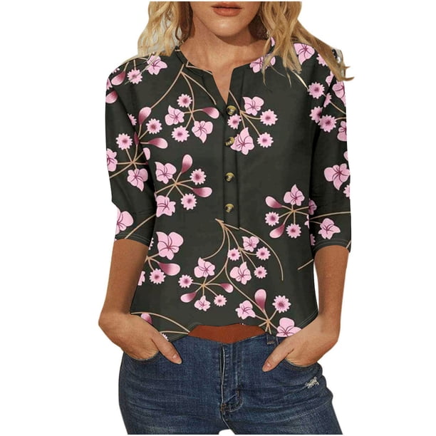 Tops de Algodón para las Mujeres Impreso Botón 3/4 Manga Suelta Tee, Suave Casual 3/4 Manga Superior