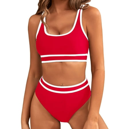 BUIgtTklOP Women s High Waisted Bikini Sets Sporty Two Piece Swimsuits Color Block Cheeky High Cut Bathing Suits