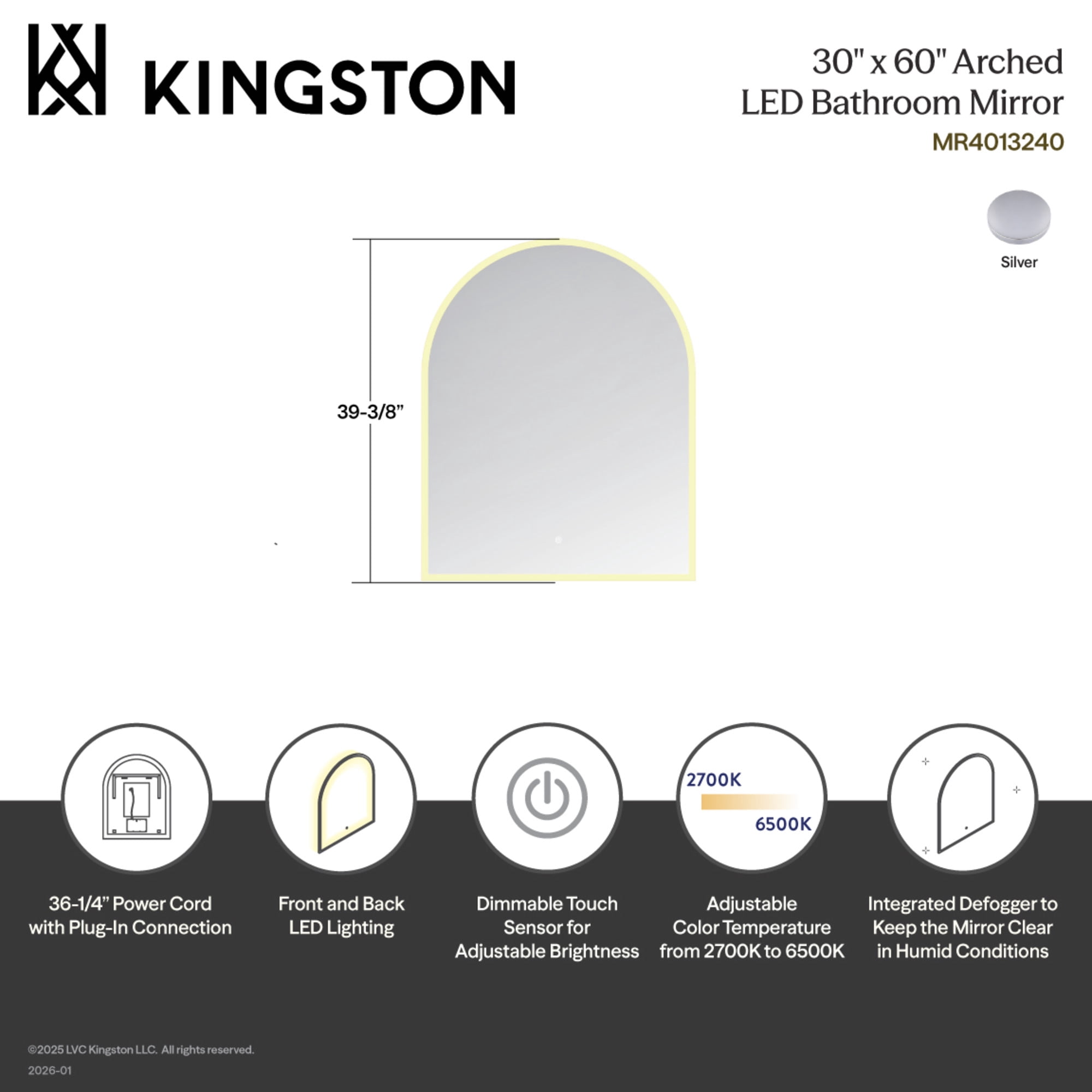 Kingston Brass MR4013240 Aurora 30-Inch x 60-Inch Arched LED Bathroom Mirror, Front and Back Light, Anti-Fog, Dimmable Touch Sensor Lighted Mirror in Silver