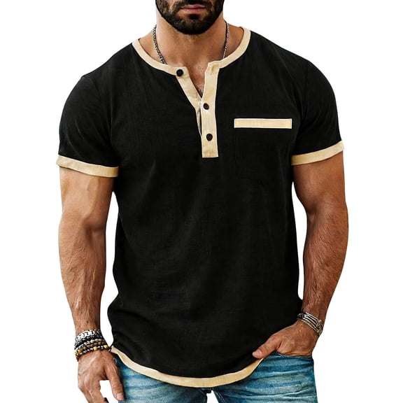 MOJOGO Men's 3 Buttons Shirts Short Sleeve Color Block Tops Summer Daily T-Shirt with Chest Pocket Lightweight Breathable Casual Top L