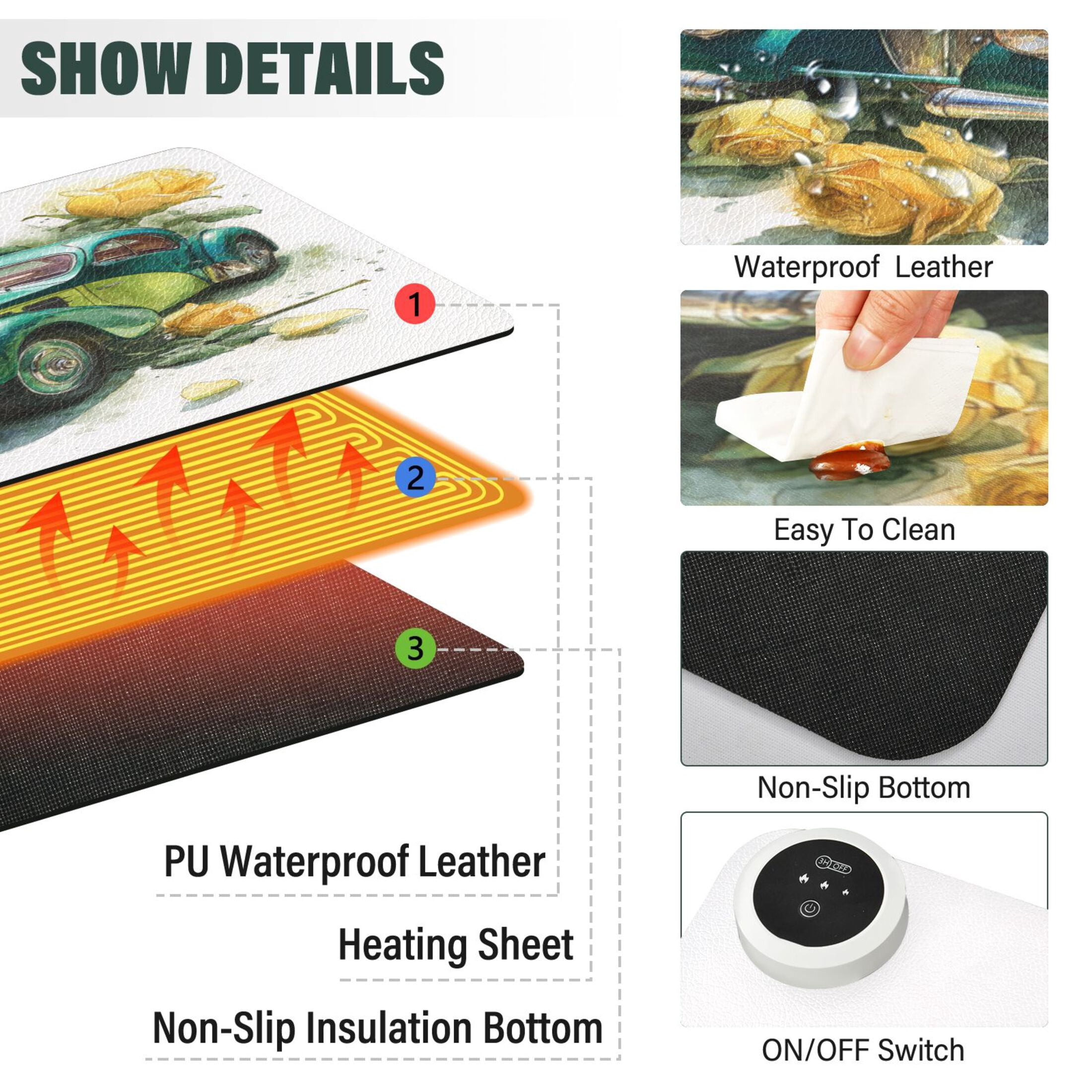 Large Heated Desk Mat Mouse Pad 31.5"x13"PU Leather Graphene Heating Desk Warmer with 3 Temperature Settings 110V US Plug Non-Slip Warm Pad for Home, Office, and Gaming Vintage Bugatti Yellow Roses