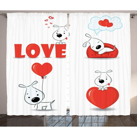 Love Curtains 2 Panels Set, Set of Funny Dogs with Heart Symbols Love My Pet Best Friends Companions Ever Animal Theme, Living Room Bedroom Decor, Red White, by