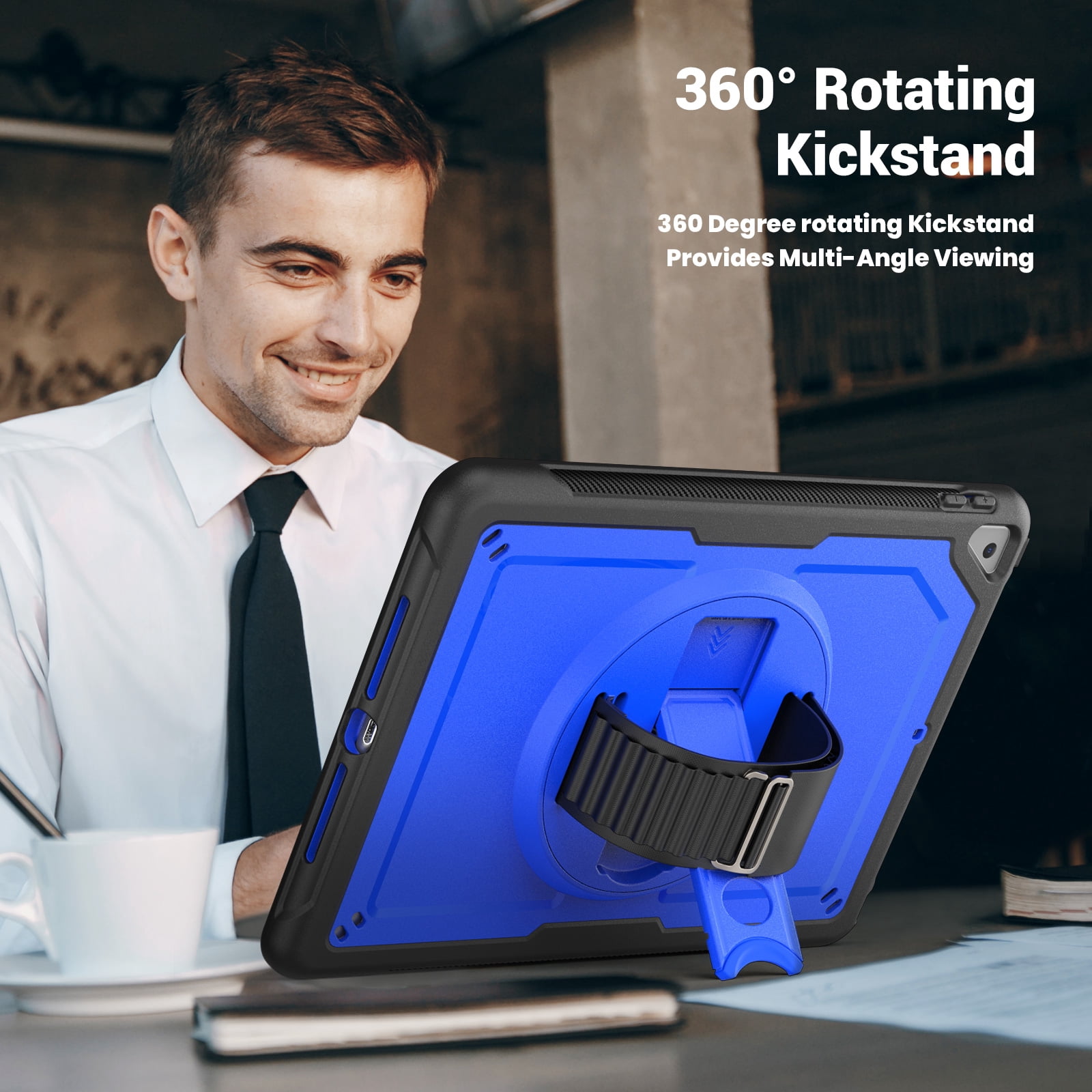 ELEHOLD Case for Apple iPad 10.2 2021/2020/2019 Pro 10.5'2017)(Air 3 10.5 (2019),Soft TPU Rugged Durable Case with 360° Rotating Hand Strap & Foldable Hidden Stand & Pencil Holder,Darkblue