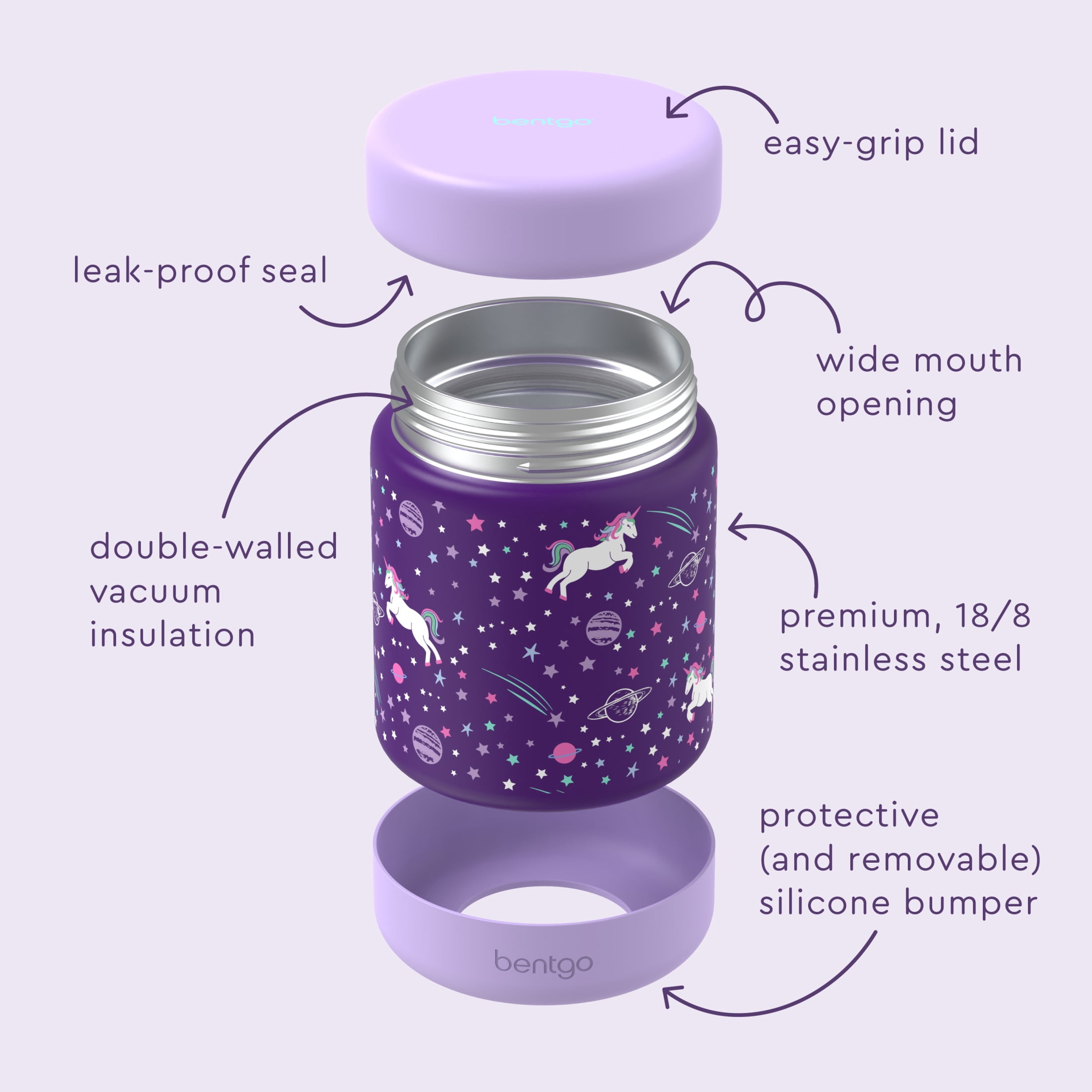 Bentgo Kids Stainless Steel Food Jar - 11 fl oz Leak-Proof Double Insulated Hot or Cold Food Container with Removable Silicone Bumper, Dishwasher Safe, Easy Open Lid, Ages 3+ (Unicorn)