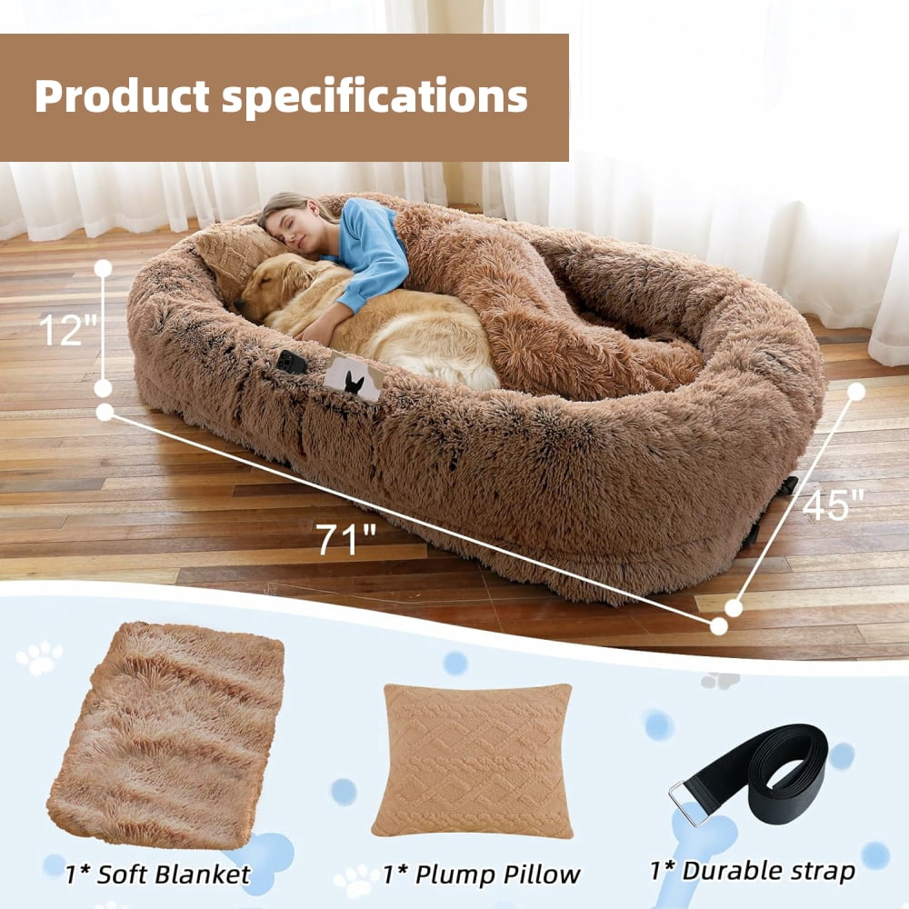 MIDODO Human Dog Bed, 72"x48"x11" Size Washable Faux Fur Giant Dog Bed for Human, Large Bean Bag Bed with Plump Pillow, Blanket, Strap