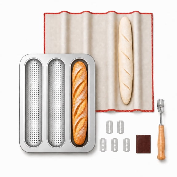 Xinabrius Baguette Pan for Baking, French Bread Pan with Bread Scoring Lame & Linen Blend Proofing Cloth, Carbon Steel Nonstick Baguette Baking Tray, Silver