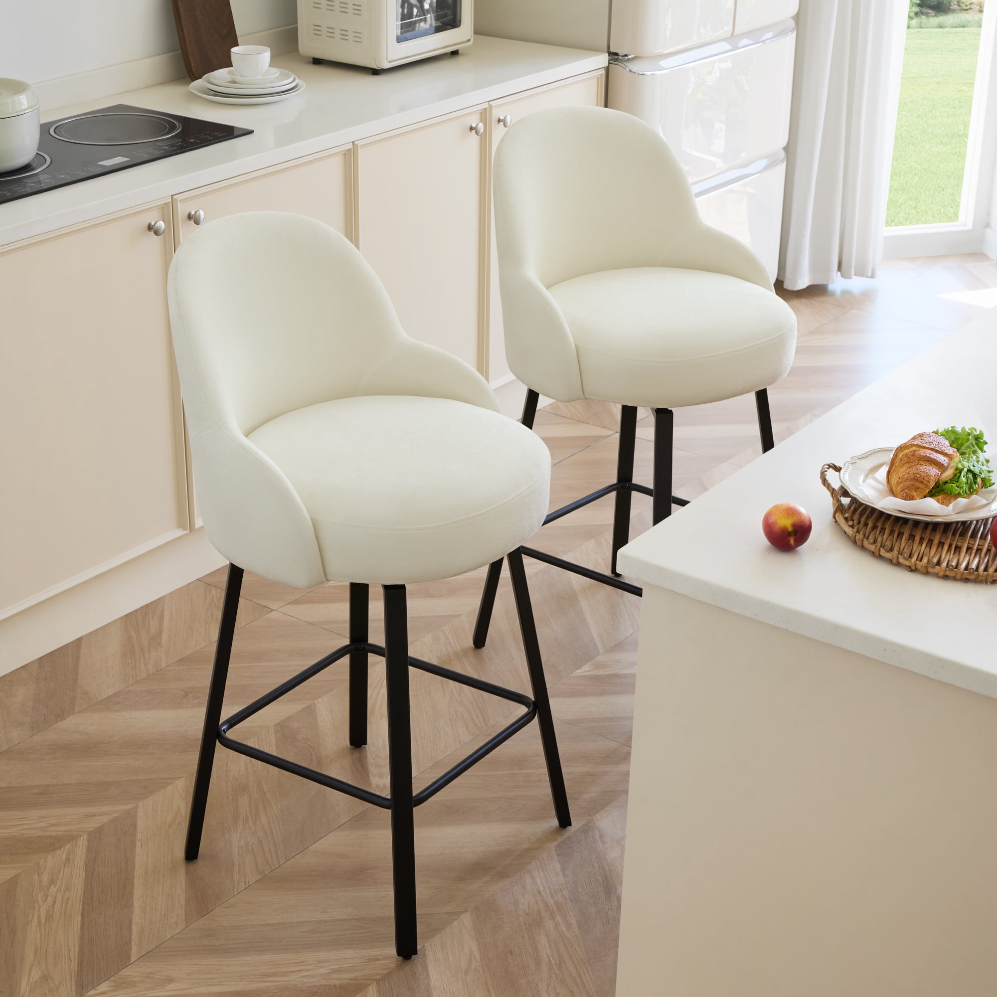 Spruce & Spring Counter Height Swivel Bar Stool with Upholstered Seat and Footrest Set of 2, Ivory