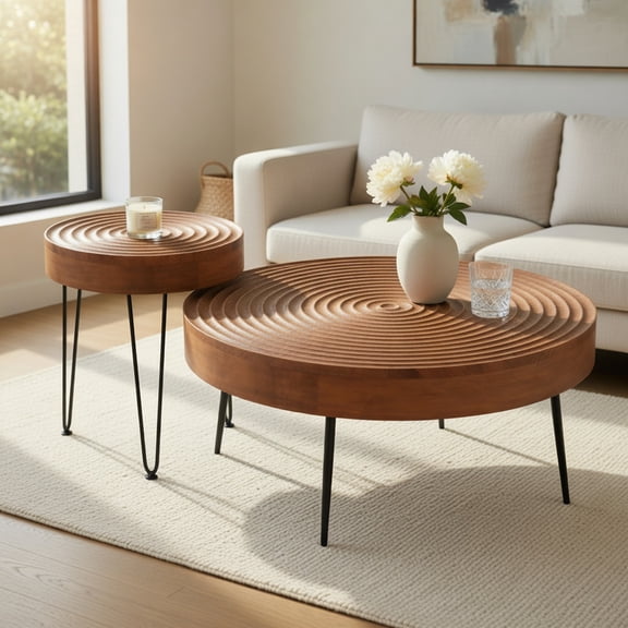 GVN Coffee Tables,Set of 2 Solid Wood Ring Pattern Farmhouse Round Coffee Tables-Brown