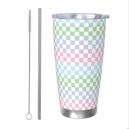 

Zeuib Colorful Checkerboard Printed 20oz Stainless Steel Insulated Car Cup Stainless Steel Thermal Cup Vacuum Insulated Leak-proof Travel Mug Cup-Straw Two-piece Set
