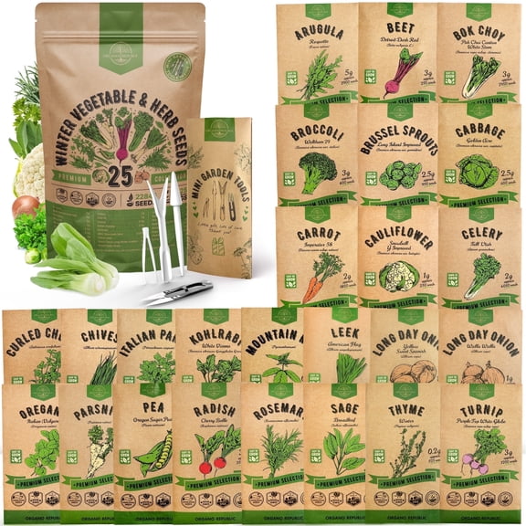 25 Winter Vegetable & Herb Garden Seed Variety Pack - 22,845  Non-GMO Heirloom Seeds for Gardening