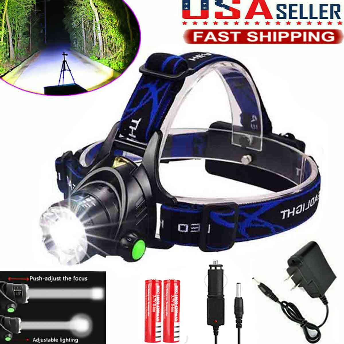Zoom 250000LM Headlamp Rechargeable LED Headlight 18650 Flashlight Head Torch US 