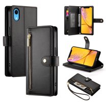 Allytechgroup Wallet Case for Apple iPhone XR, 9 Cards Holder Zipper Pocket Hand Wrist Shockproof Stand Flip Cover RFID Blocking Phone Case for Women Men, Black