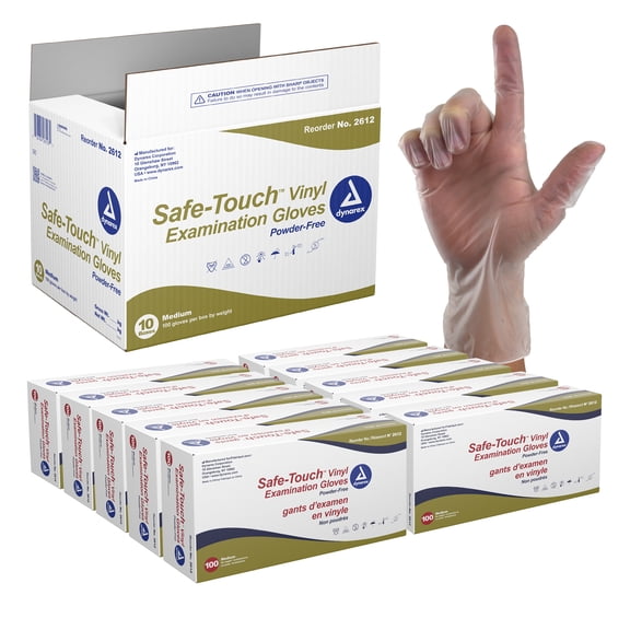 Dynarex Safe-Touch Vinyl Disposable Exam Gloves, Powder-Free, Food Safety and Compliance, Ambidextrous, Clear, Medium, 1 Case of 1000 Gloves (10 Boxes of 100 Gloves)