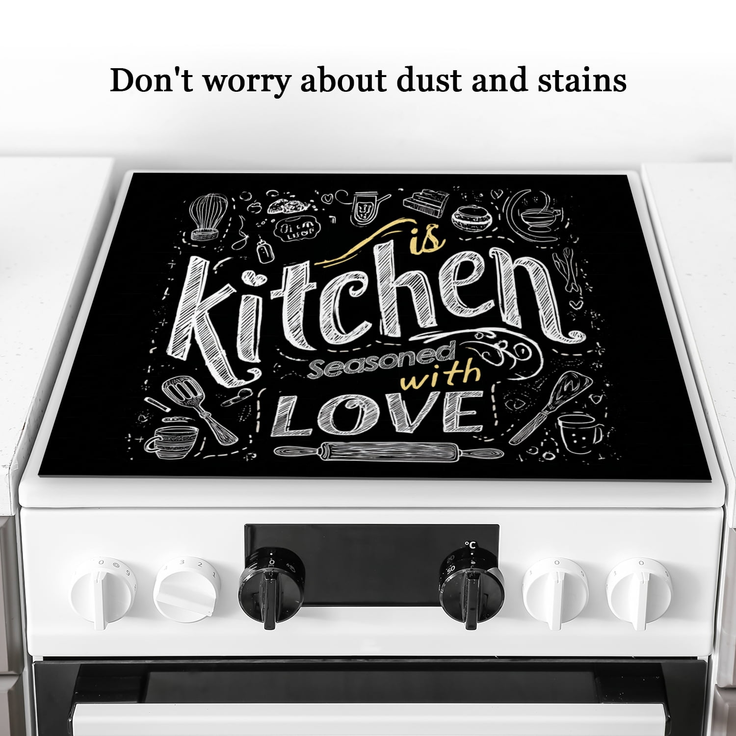 Square Stove Cover for Electric Cooktop, Kitchen with Love White and Black Print Foldable Glass Top Stove Cover, Non-slip Waterproof Dustproof Oilproof Mat for Kitchen RV (28×20 Inch)