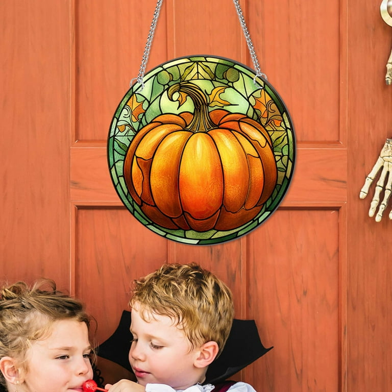 Fall Swag/Autumn Leaves with a Pumpkin Suncatcher/ 5”wide X 16” long window 2024 decor/ StainedGlass Thanksgiving decor