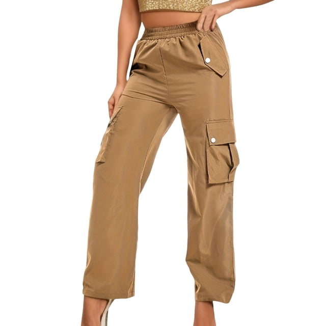 Pantalones afelpados Gibobby para mujer con estampado y cordón, deportivos sueltos y encogidos de cintura alta Caqui M