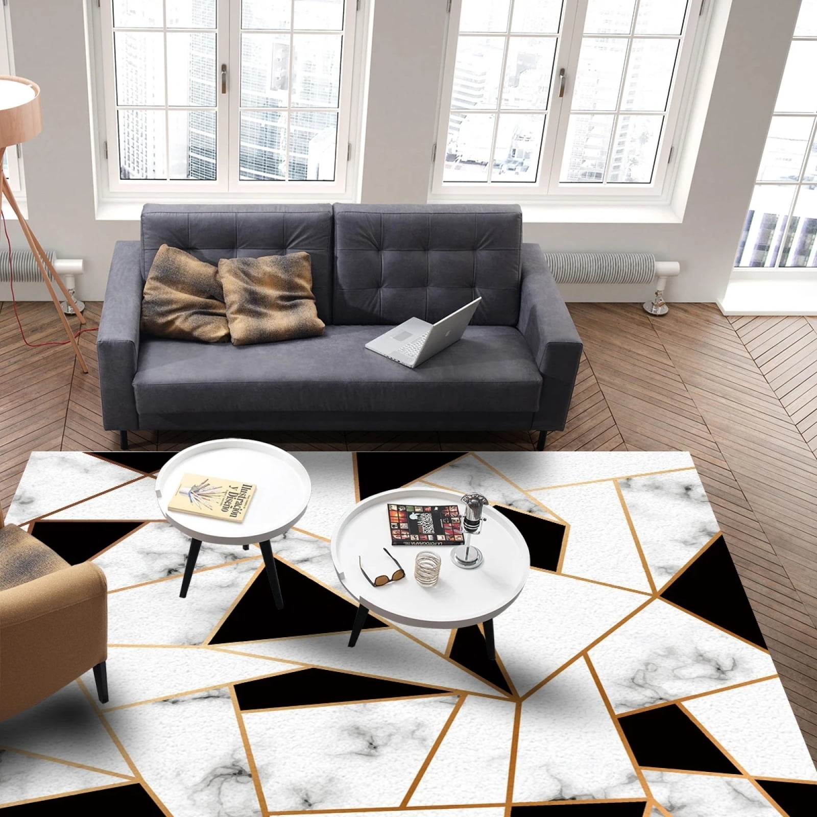 Luxury Black And White Marble Texture Area Rug, Modern Geometric Golden