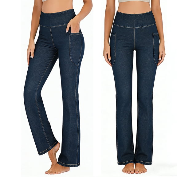 Women's Stretch Denim-Look Leggings with Pockets for Fitness and Casual Wear