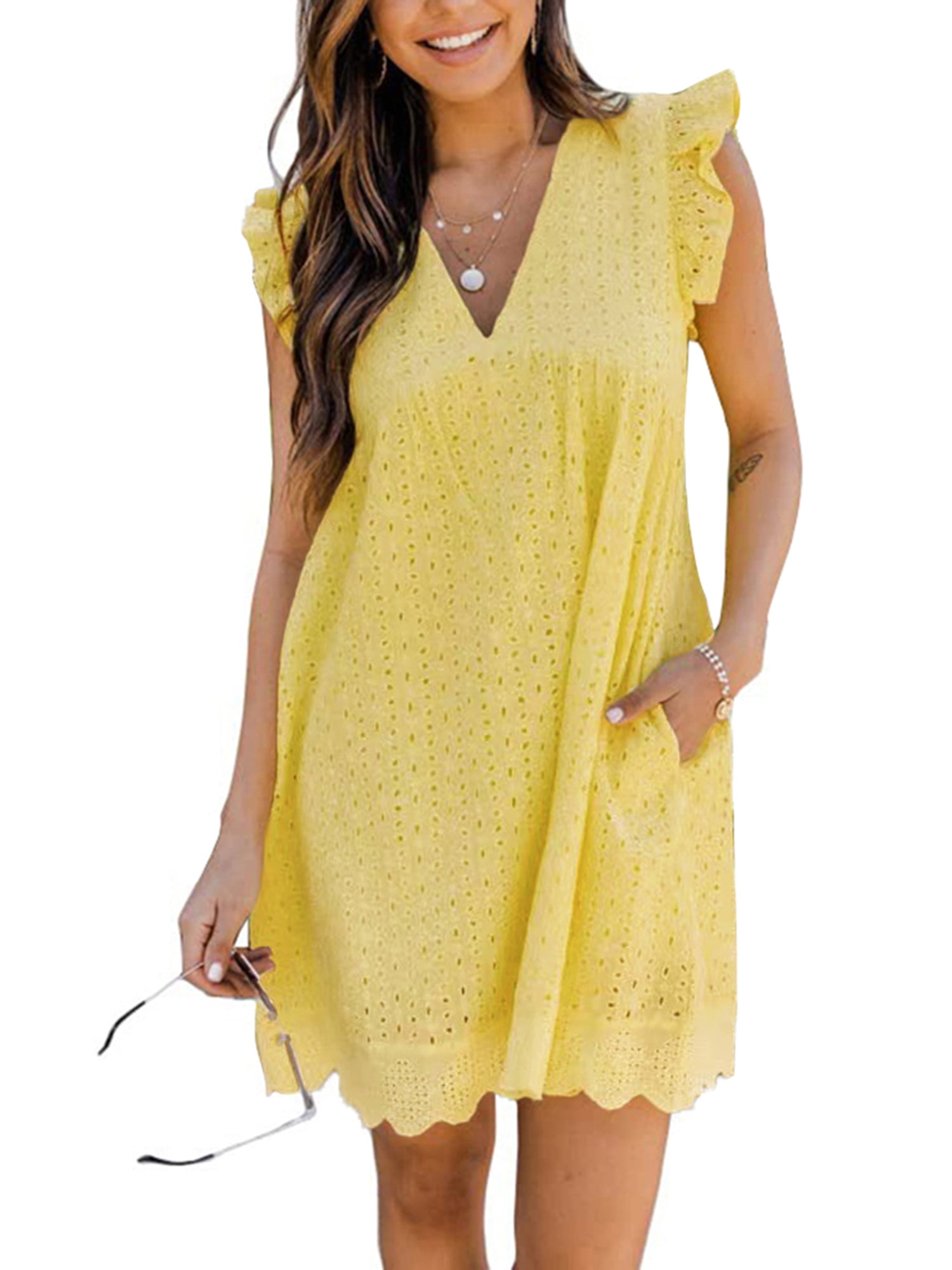 Women's Lace V Neck Ruffle Sleeve Loose Tunic Flowy Mini Dress with Lined  Shorts Plus Size - Walmart.com