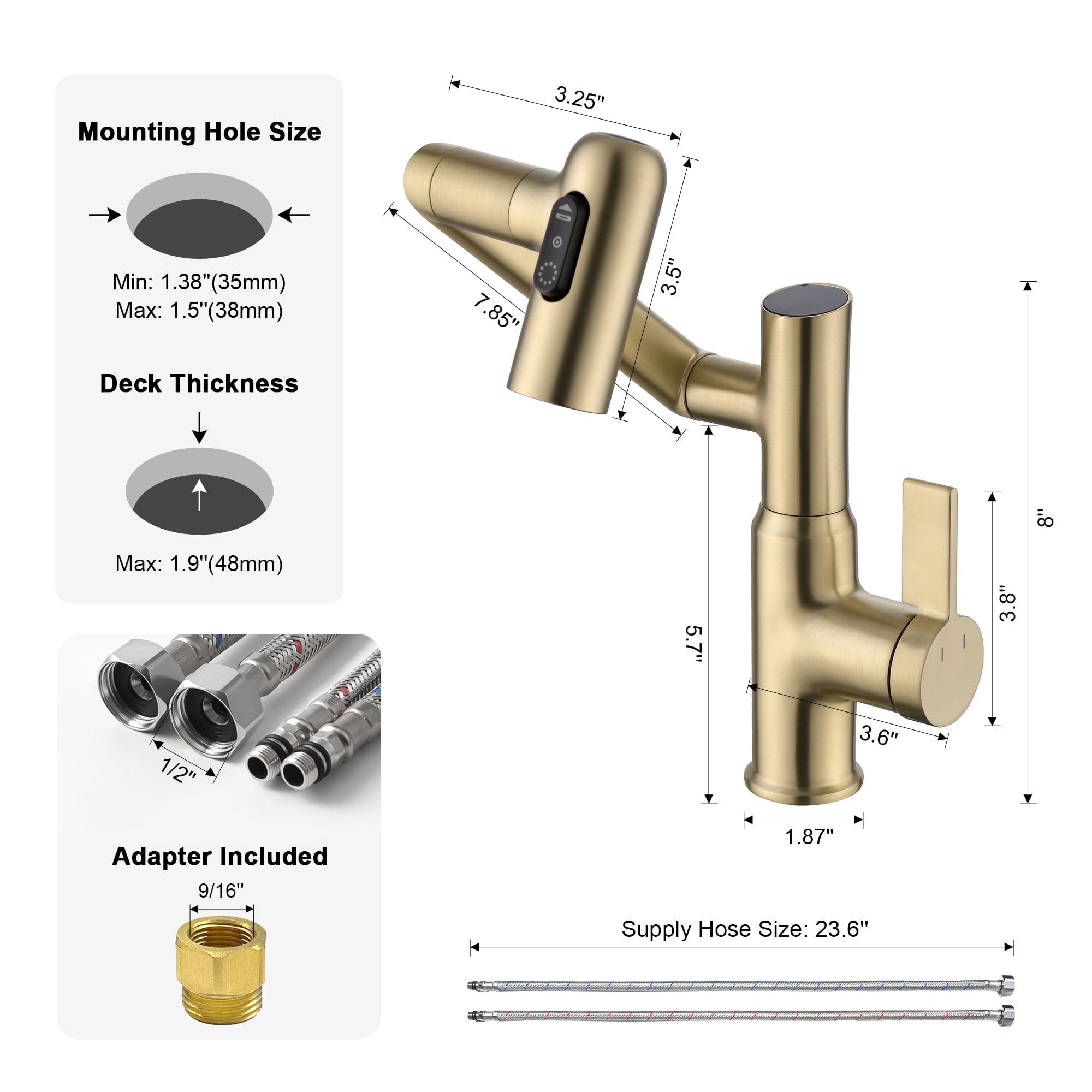Lefton Rotatable Bathroom Faucet with Temperature Display in Fahrenheit (Batteries-Free), 3 Water Modes, Brushed Gold, BF2204-6