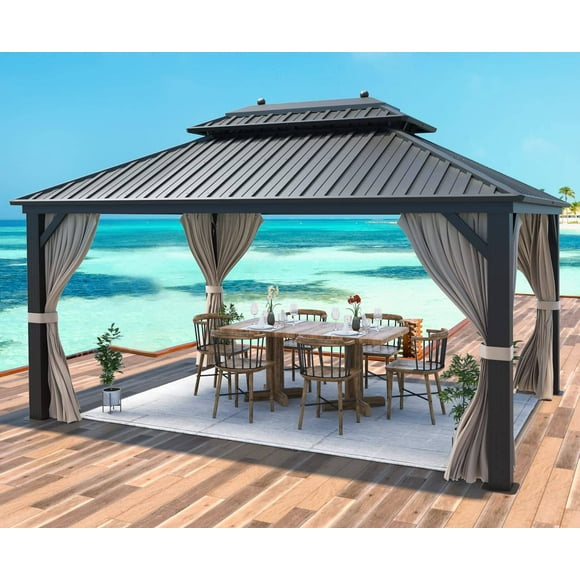 MELLCOM 10'x13' Hardtop Gazebo Galvanized Steel Outdoor Gazebo Canopy Double Vented Roof Pergolas Aluminum Frame with Netting and Curtains for Garden,Patio,Lawns,Parties