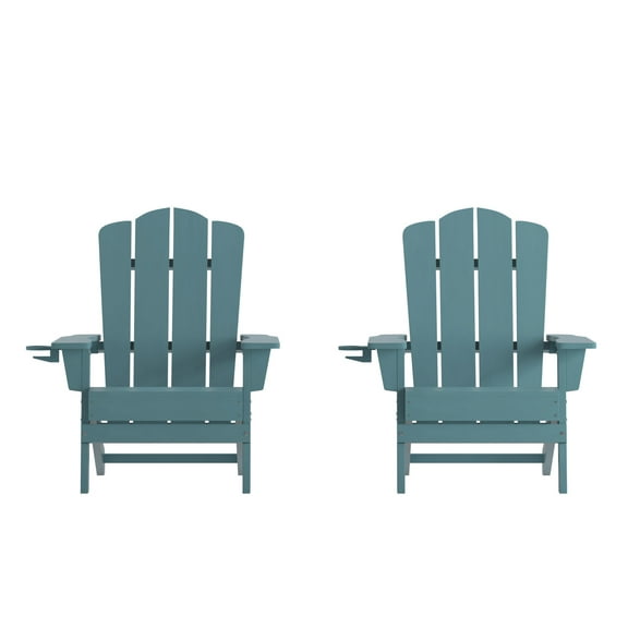 Flash Furniture Newport Adirondack Chair with Cup Holder, Weather Resistant HDPE Adirondack Chair in Blue, Set of 2