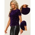 thumbnail image 2 of Blusa de fiesta de manga corta con cuello redondo y lentejuelas de terciopelo para mujer Púrpura profundo M, 2 of 6