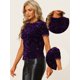 thumbnail image 2 of Blusa de fiesta de manga corta con cuello redondo y lentejuelas de terciopelo para mujer Púrpura profundo M, 2 of 6