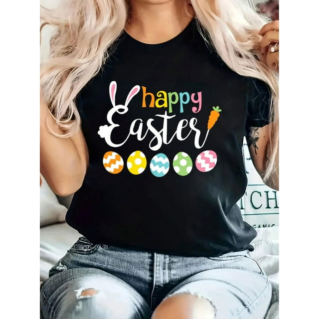 Happy Easter Print T-Shirt, Casual Crew Neck Short Sleeve Comfort Tee Top For Spring & Summer, Women's Clothing Tee For Adult, Men, Women, Teen, Teenager, Adolescent, Youth