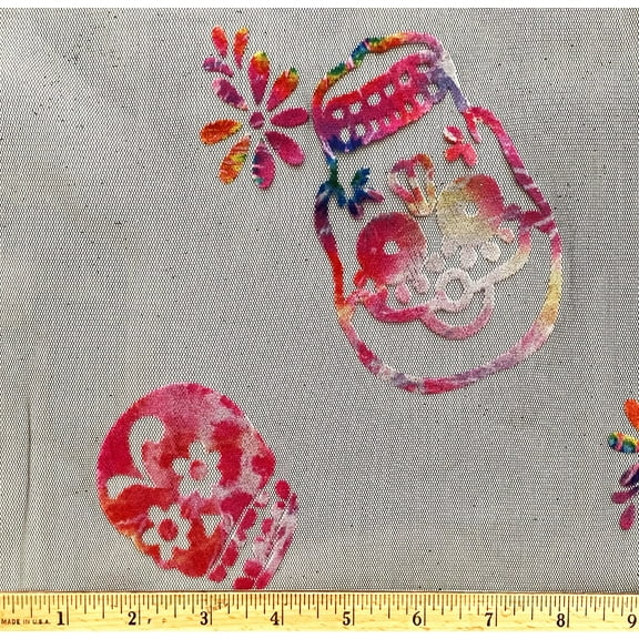 1 Yard - Halloween Flock Tie Dye Sugar Skulls on Black Polyester Mesh Fabric (Great for a Costume, Party Table Decoration, Sewing, Craft Projects, & More) 1 Yard X 58" Wide