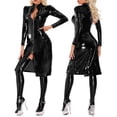 thumbnail image 3 of Vestido de látex de charol con cremallera frontal recortada para mujer, vestido ajustado hasta la rodilla con cuello alto y manga larga, ropa de club gótica punk, 3 of 5