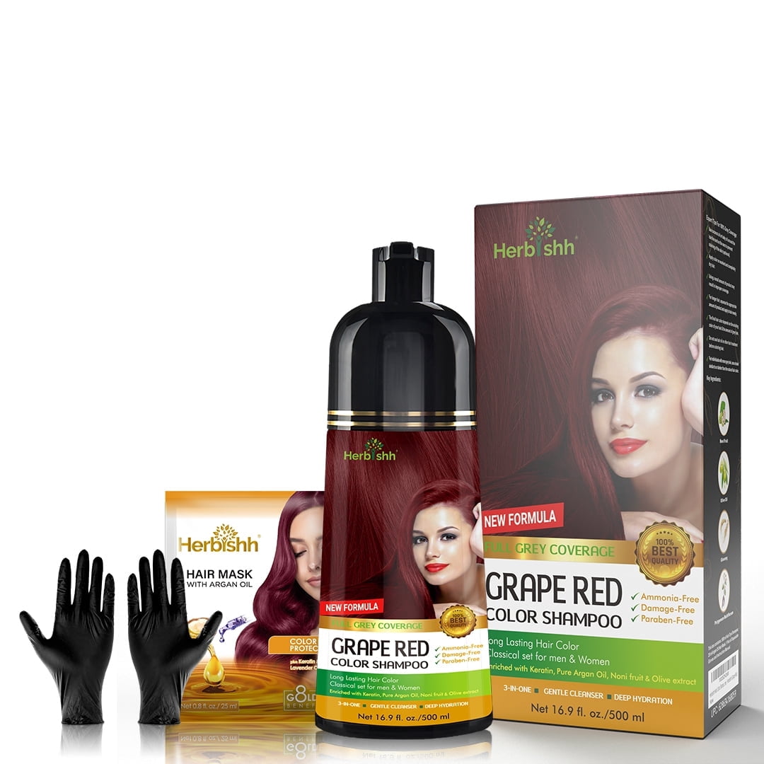 Herbishh Grape Red Hair Color Shampoo for Gray Hair with Pack 2 Hair colour stain remover, Hair Dye Shampoo 3 in 1, 100% Gray Coverage, Permanent Hair Color for Men & Women, Ammonia-free, 500 ml