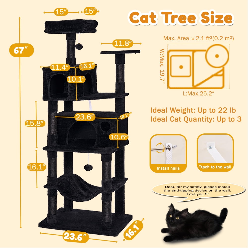Senbonry 67in Heavy Duty Cat Tree for Indoor Cats Large Adult,Tall Cat Climbing Tower with Hammock,Sisal Scratching Post,Basket,Removable Perch,Condo,Black