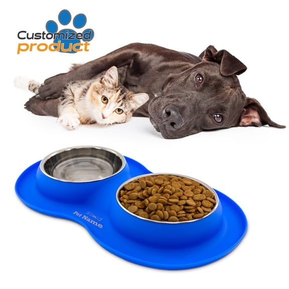 KE WOOW Customized Feeding set of 2 stainless steel bowls and mat for dog&cat, Bowl for water or food & silicone Non-skid, Non-Spill, travel or home, small/medium 13.52 fl oz/1 us cup Blue