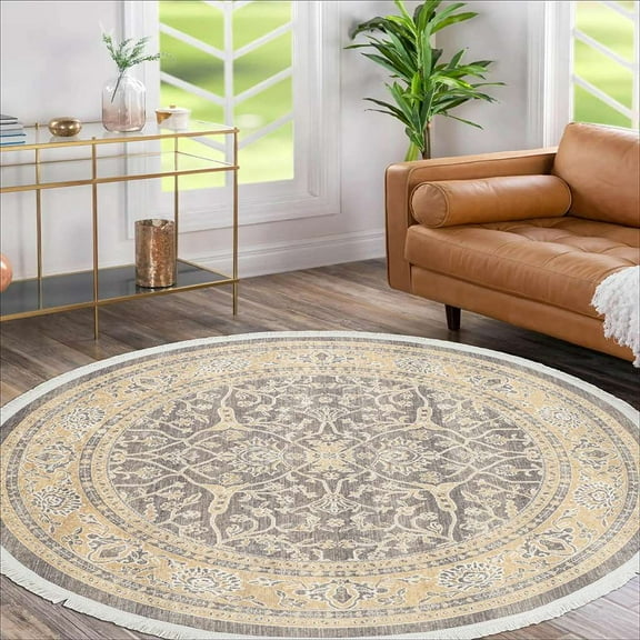 Alfa Rich 5x5 Area Rugs, Ultra-Thin Oriental Black Gold Rug, Non-Slip Machine Washable, Easy Clean, Pet Friendly 5' Round Rug