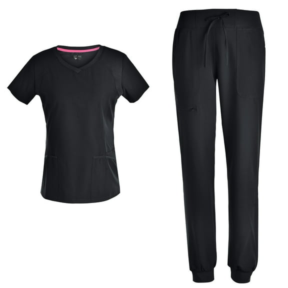 Stretch Women Nursing Scrubs Set - V Neck Fashion Rib Scrubs Medical Uniforms Top Pants PS1116 Black XS