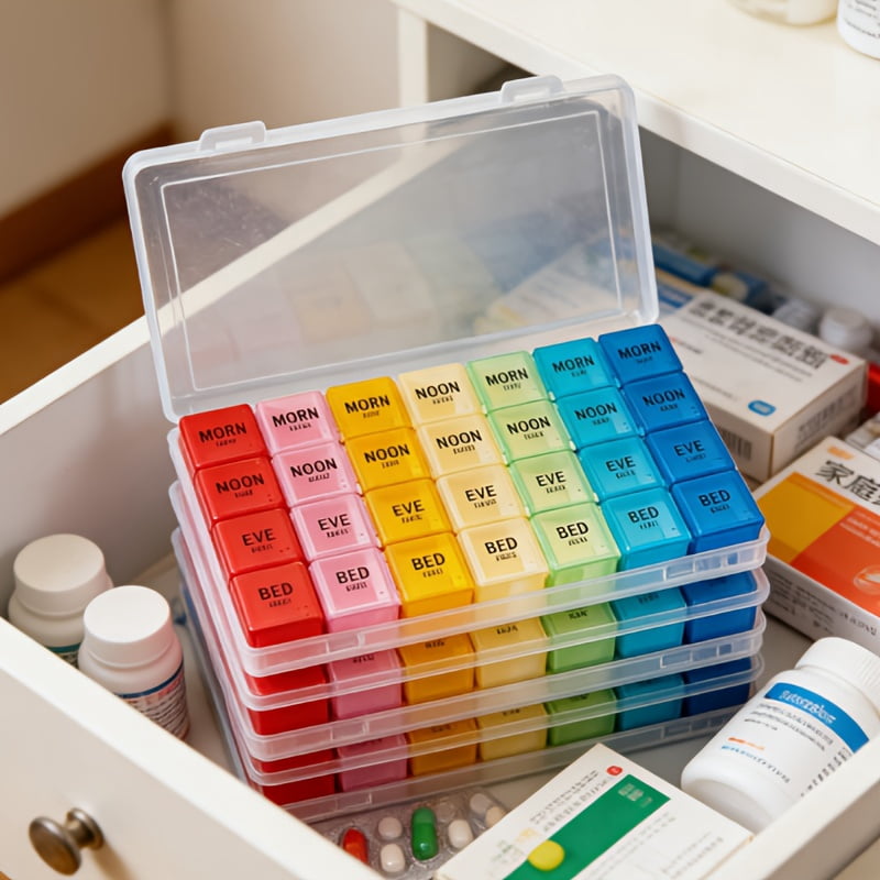4Pcs Monthly Pill Organizer, Pill Organizer 4 Times A Day, 30 Day Moisture-Proof Pill Storage Box, Plastic Material, 10.2×5.5×1.4Inch, Portable Medicine Organizer for Daily, Travel Use
