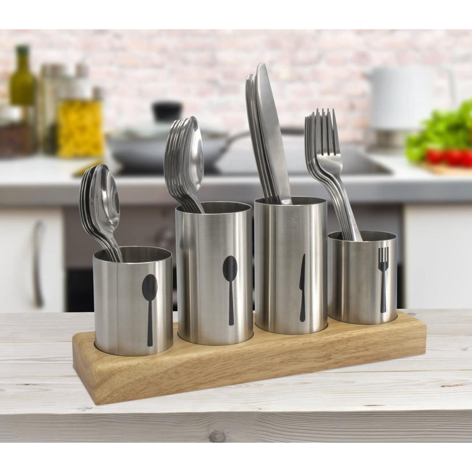 Sorbus Stainless Steel Utensil Holder with Bamboo Base, Silverware Organizer Caddy