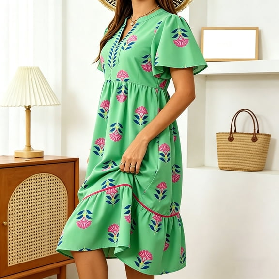 QUNYINEY Floral Womens Dresses Summer Short Sleeve A Line Midi Sundress Loose Fit Ruffle V Neck Flowy Casual Dresses